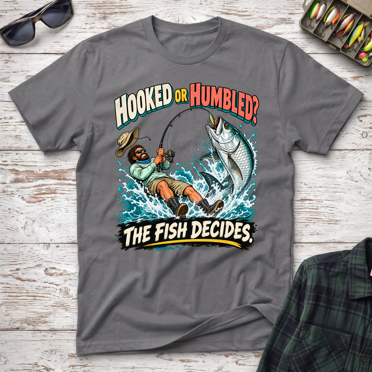 Hooked Or Humbled T-Shirt - Charcoal Fishing T-Shirt by Cast Casual Club