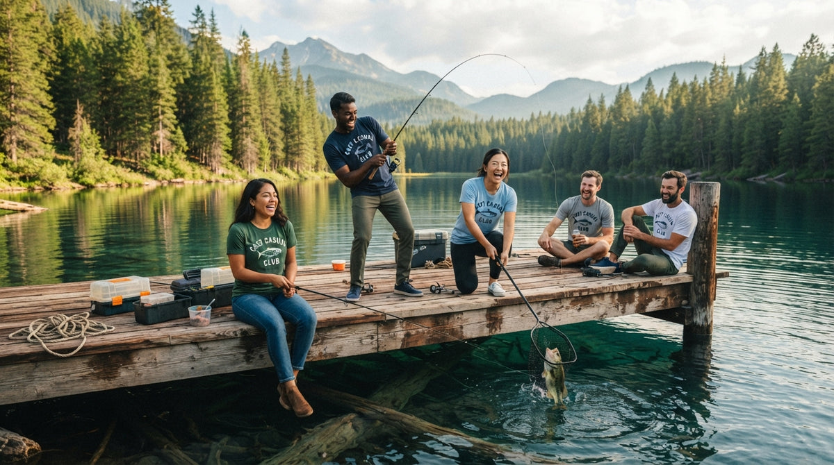 Cast Casual Club T-Shirt, lake fishing, dock, tackle, fishing gear, rod and reel