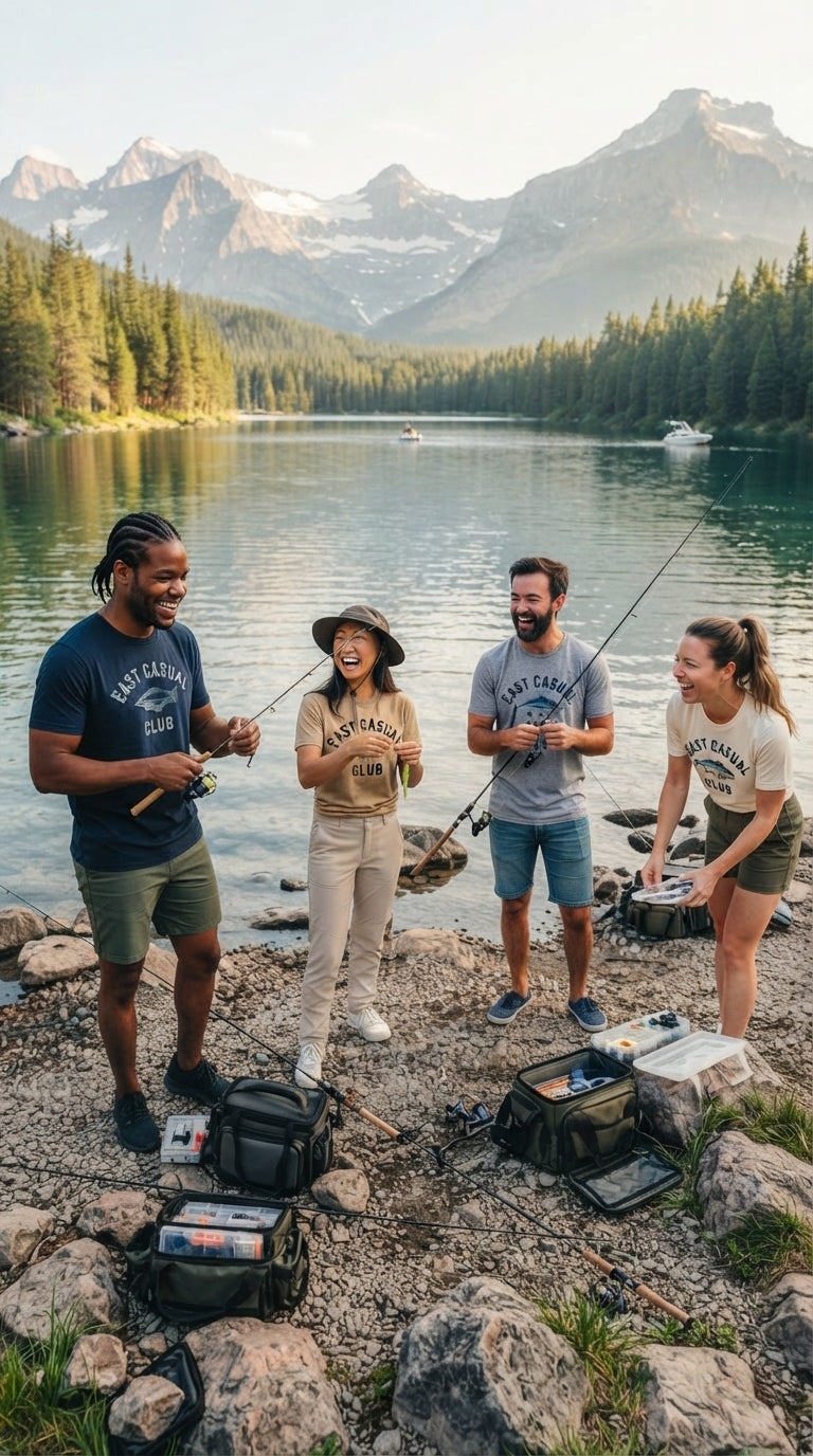Lake fishing on the shore, fishing gear, tackle, Cast Casual Club T-Shirt