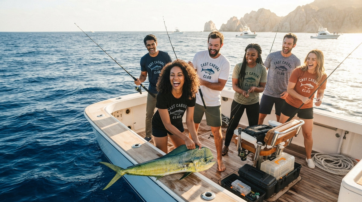 Ocean fishing, saltwater fishing, boat, Mahi-mahi, Cast Casual Club T-Shirt