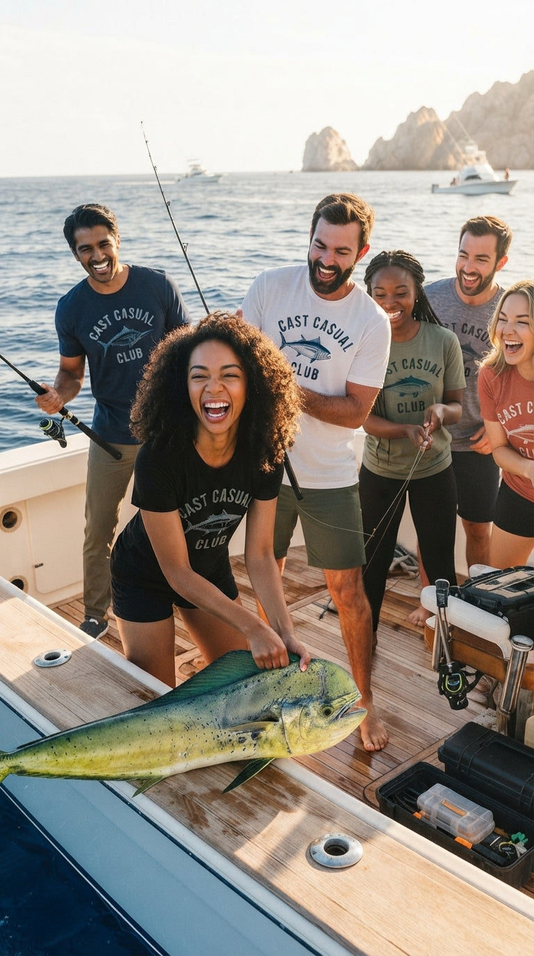 Ocean fishing, saltwater fishing, boat, Mahi-mahi, Cast Casual Club T-Shirt