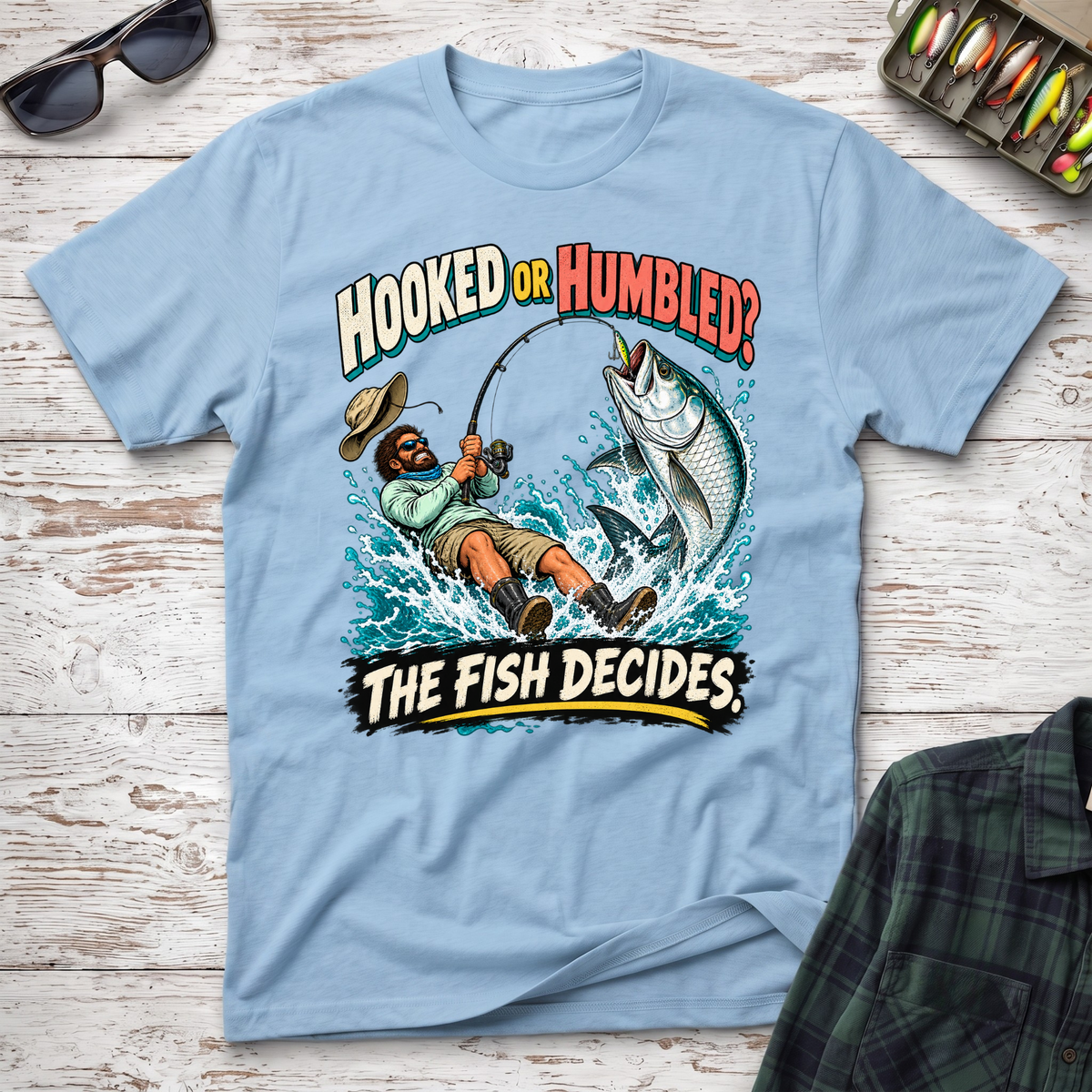 Hooked Or Humbled T-Shirt - Light Blue Fishing T-Shirt by Cast Casual Club
