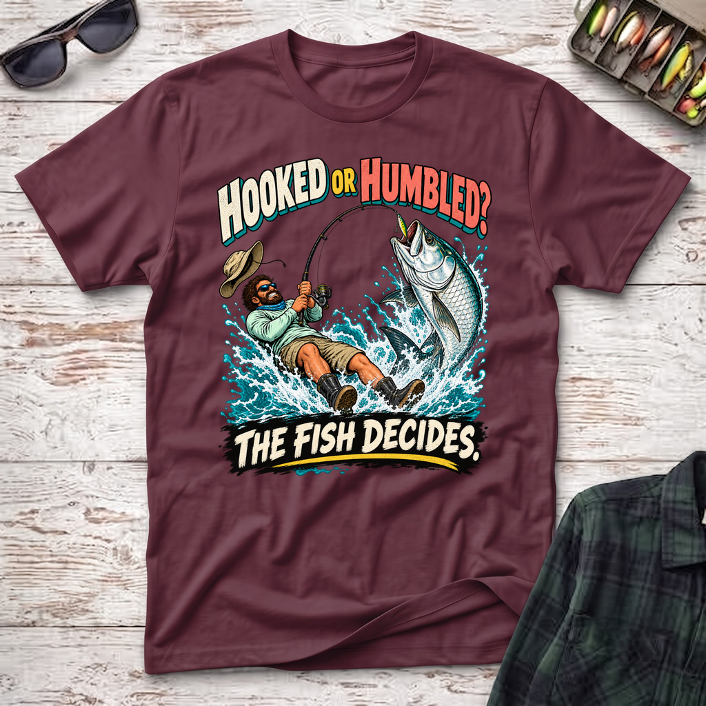 Hooked Or Humbled T-Shirt - Maroon Fishing T-Shirt by Cast Casual Club
